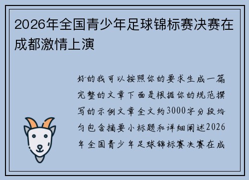 2026年全国青少年足球锦标赛决赛在成都激情上演