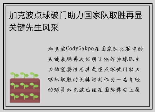 加克波点球破门助力国家队取胜再显关键先生风采